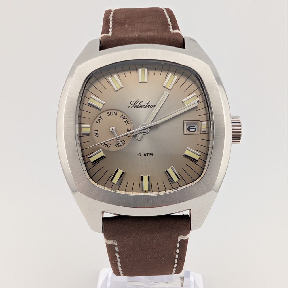 Selectron Cubic SCUB-10 Day Date Watch Taupe Sunburst 10 ATM Leather Strap Lume